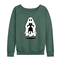 Ghost Holding Black Cat Womens Round Neck Long Sleeve Regular Fit Graphic T-Shirt