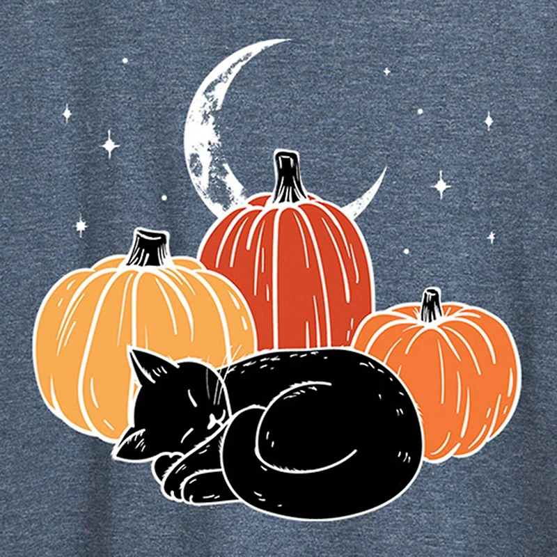 Black Cat Pumpkin Nap Womens Crew Neck Short Sleeve Regular Fit Graphic T-Shirt