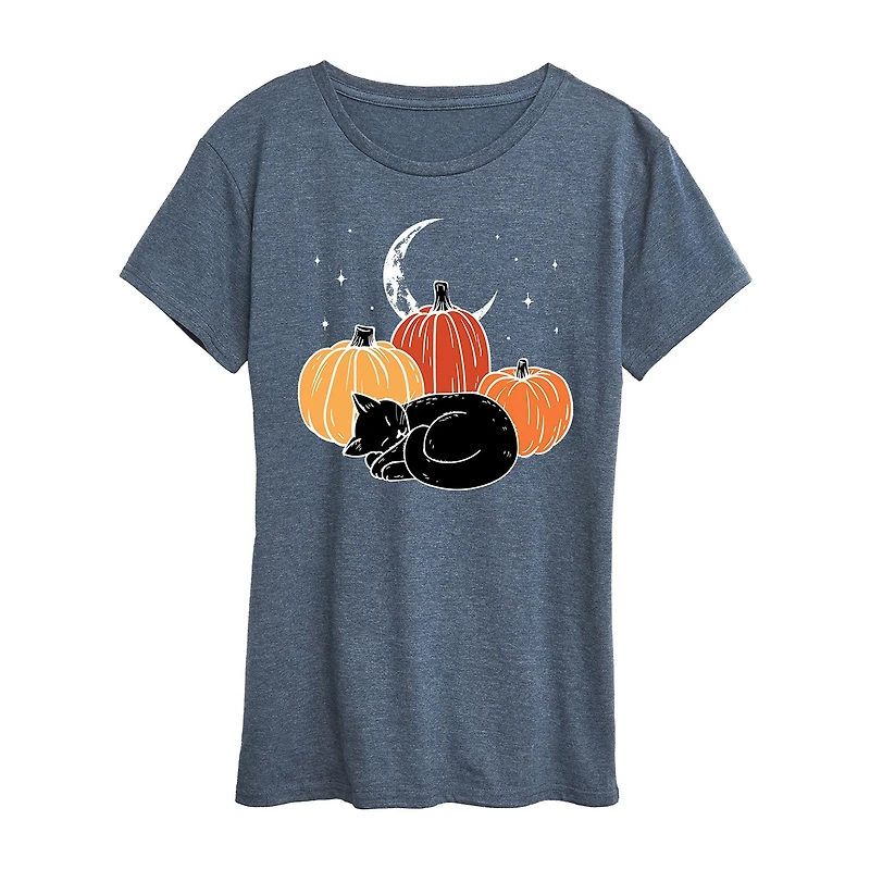 Black Cat Pumpkin Nap Womens Crew Neck Short Sleeve Regular Fit Graphic T-Shirt