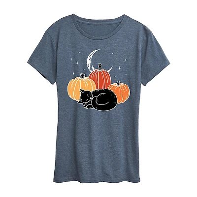 Black Cat Pumpkin Nap Womens Crew Neck Short Sleeve Regular Fit Graphic T-Shirt