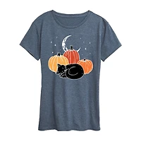 Black Cat Pumpkin Nap Womens Crew Neck Short Sleeve Regular Fit Graphic T-Shirt