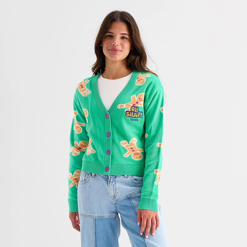 Shrek Ginger Bread Man Womens V Neck Long Sleeve Button Juniors Cardigan