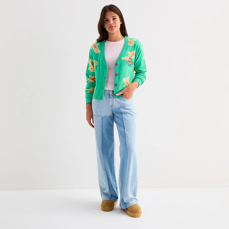Shrek Ginger Bread Man Womens V Neck Long Sleeve Button Juniors Cardigan