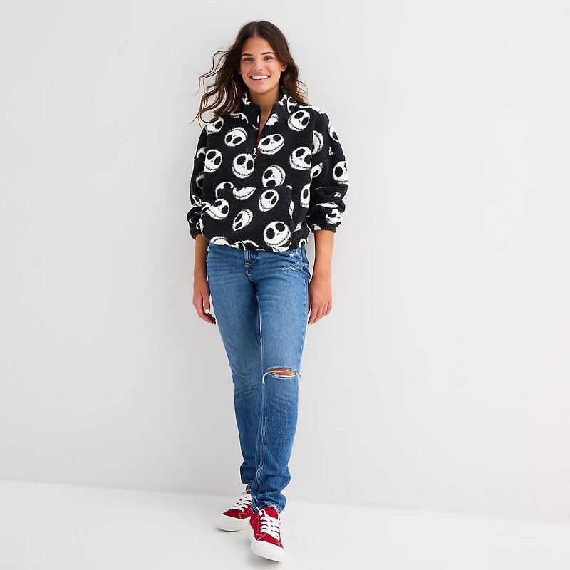 Womens Juniors Mock Neck Long Sleeve Nightmare Before Christmas Quarter-Zip Pullover