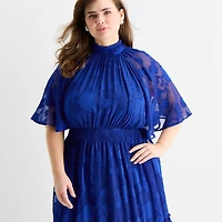 Melonie T Womens Plus Midi Mock Neck Short Sleeve Raglan Fit + Flare Dress