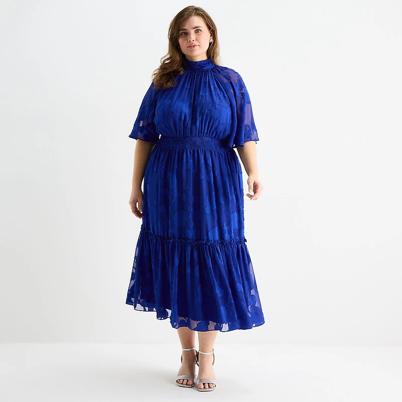 Melonie T Womens Plus Midi Mock Neck Short Sleeve Raglan Fit + Flare Dress