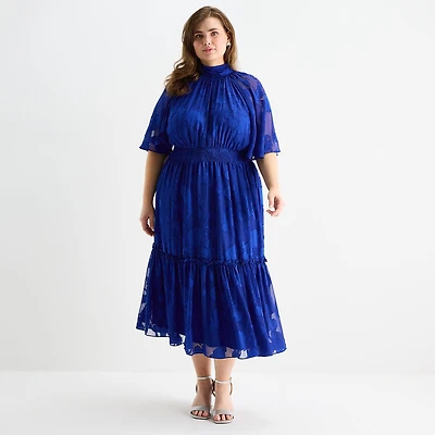 Melonie T Womens Plus Midi Mock Neck Short Sleeve Raglan Fit + Flare Dress