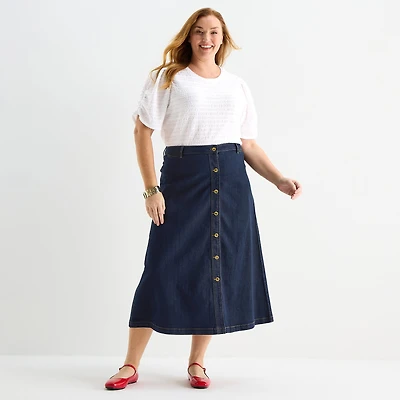 Liz Claiborne Womens Plus Mid Rise Long Denim Skirt