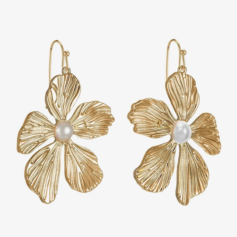 Bijoux Bar Gold Tone Womens White Simulated Pearl Flower Drop Earrings