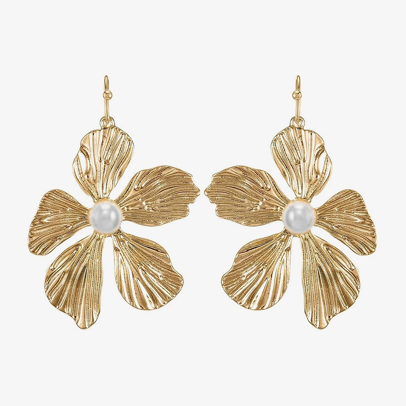 Bijoux Bar Gold Tone Womens White Simulated Pearl Flower Drop Earrings