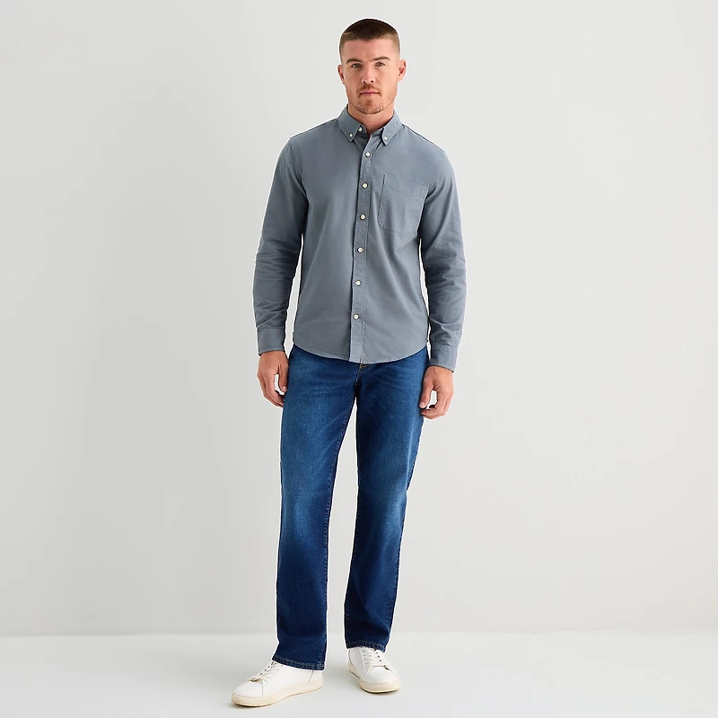 mutual weave Washed Oxford Mens Long Sleeve Classic Fit Button-Down Shirt