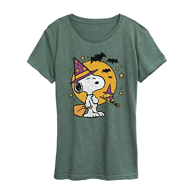 Snoopy Woodstock Witch Halloween Womens Crew Neck Short Sleeve Regular Fit Graphic T-Shirt