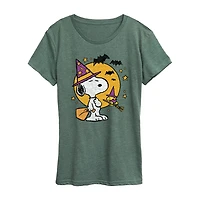Snoopy Woodstock Witch Halloween Womens Crew Neck Short Sleeve Regular Fit Graphic T-Shirt
