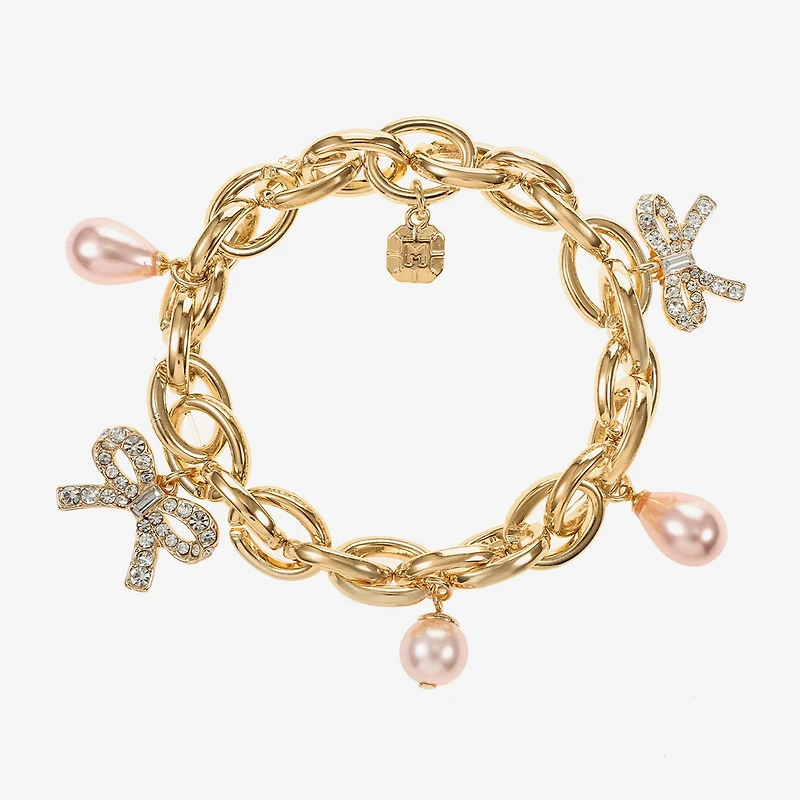 Monet Jewelry Gold Tone Womens Glass Simulated Pearl Bow Charm Bracelet