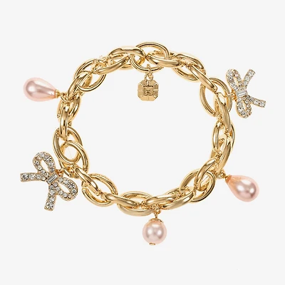 Monet Jewelry Gold Tone Womens Glass Simulated Pearl Bow Charm Bracelet