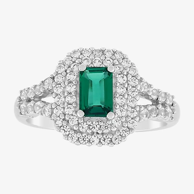 Limited Quantities! Womens Lab Created Green Emerald Sterling Silver Halo Side Stone Cocktail Ring