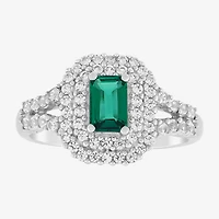 Limited Quantities! Womens Lab Created Green Emerald Sterling Silver Halo Side Stone Cocktail Ring