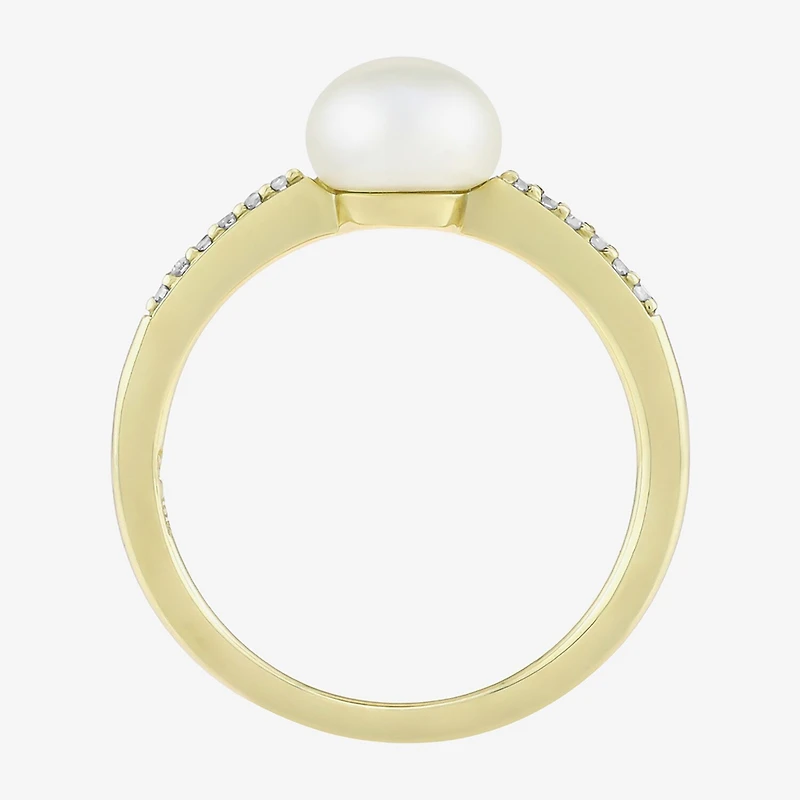 Limited Quantities! Womens Diamond Accent 7MM White Cultured Freshwater Pearl 10K Gold Side Stone Cocktail Ring
