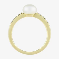 Limited Quantities! Womens Diamond Accent 7MM White Cultured Freshwater Pearl 10K Gold Side Stone Cocktail Ring