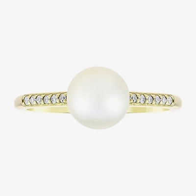 Limited Quantities! Womens Diamond Accent 7MM White Cultured Freshwater Pearl 10K Gold Side Stone Cocktail Ring