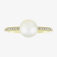 Limited Quantities! Womens Diamond Accent 7MM White Cultured Freshwater Pearl 10K Gold Side Stone Cocktail Ring