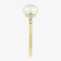 Limited Quantities! Womens Diamond Accent 7MM White Cultured Freshwater Pearl 10K Gold Side Stone Cocktail Ring