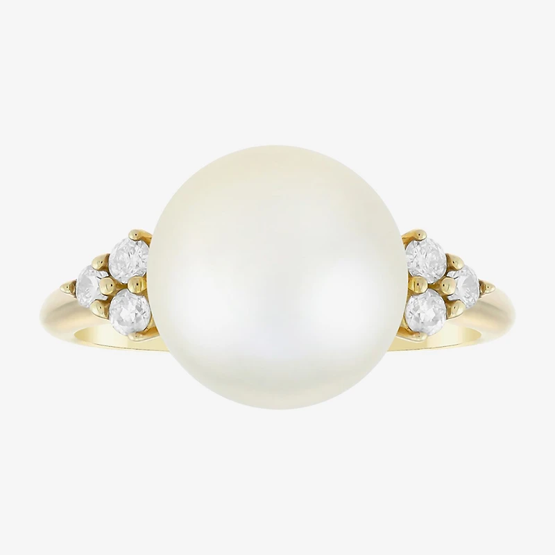 Limited Quantities! Womens 10MM White Cultured Freshwater Pearl 10K Gold Side Stone Cocktail Ring