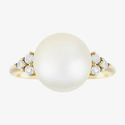 Limited Quantities! Womens 10MM White Cultured Freshwater Pearl 10K Gold Side Stone Cocktail Ring