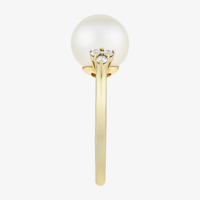 Limited Quantities! Womens 10MM White Cultured Freshwater Pearl 10K Gold Side Stone Cocktail Ring