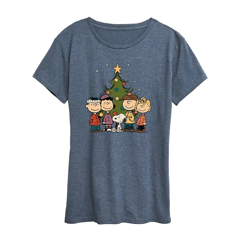 Christmas Group Womens Crew Neck Short Sleeve Regular Fit Peanuts Graphic T-Shirt