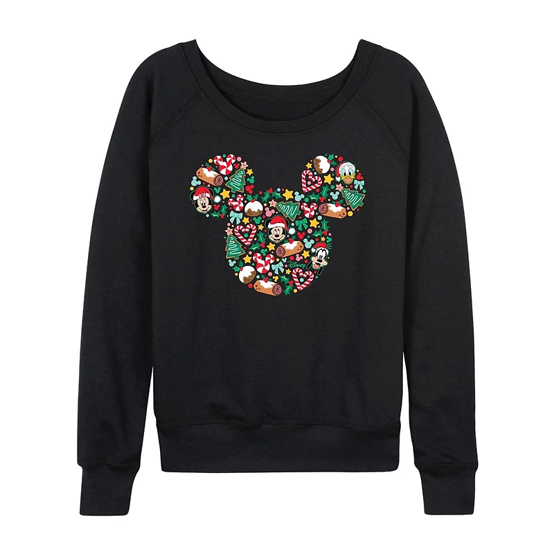 Disney Mickey Silhouette Christmas Womens Round Neck Long Sleeve Regular Fit and Friends Graphic T-Shirt