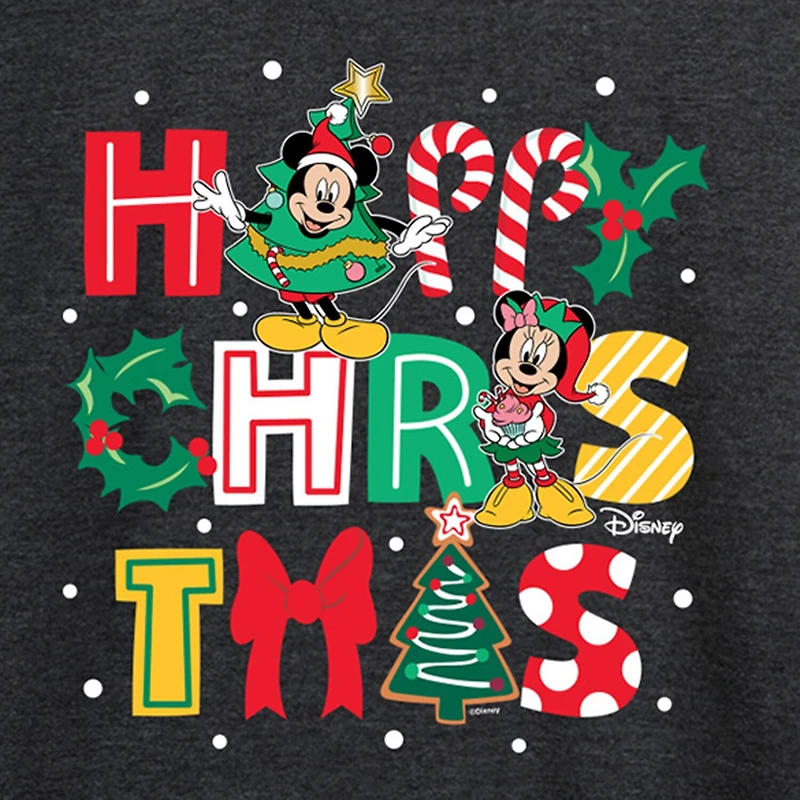 Mickey Happy Chrstms Womens Round Neck Long Sleeve Regular Fit and Friends Graphic T-Shirt