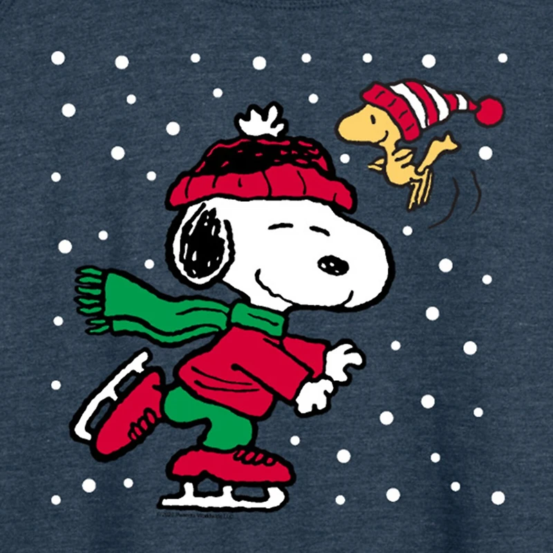 Snoopy Ice Skating Womens Round Neck Long Sleeve Regular Fit Graphic T-Shirt