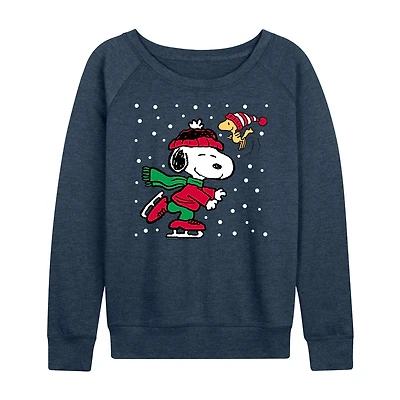 Snoopy Ice Skating Womens Round Neck Long Sleeve Regular Fit Graphic T-Shirt
