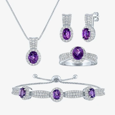 Womens Lab Created Purple Amethyst Pure Silver Over Brass Oval 4-pc. Jewelry Set