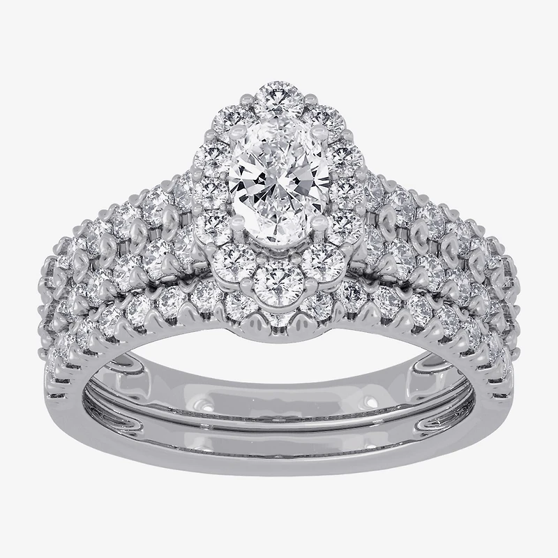 Signature By Modern Bride (H-I / Si1-Si2) Womens / CT. T.W. Lab Grown White Diamond 10K Gold Oval Side Stone Halo Bridal Set