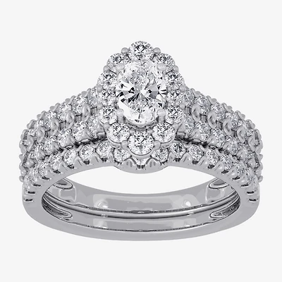 Signature By Modern Bride (H-I / Si1-Si2) Womens 1 1/ CT. T.W. Lab Grown White Diamond 10K Gold Oval Side Stone Halo Bridal Set