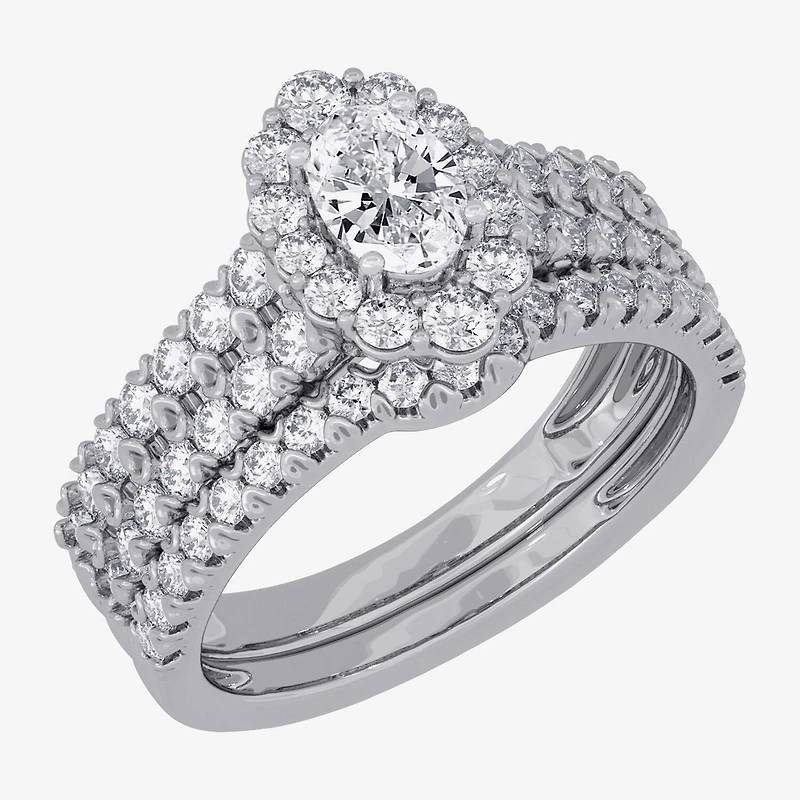 Signature By Modern Bride (H-I / Si1-Si2) Womens / CT. T.W. Lab Grown White Diamond 10K Gold Oval Side Stone Halo Bridal Set