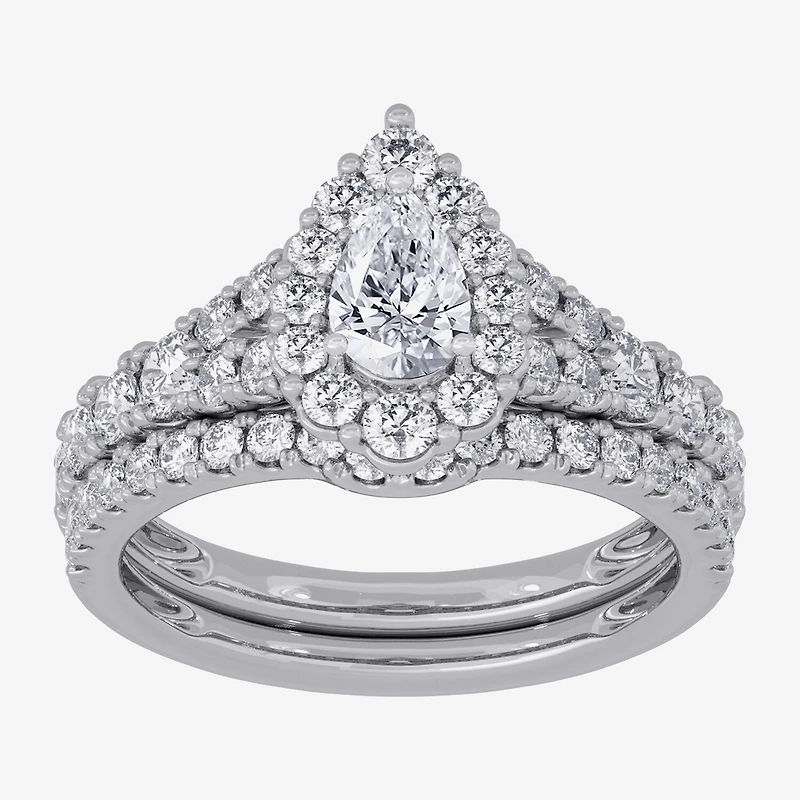 Signature By Modern Bride (H-I / Si1-Si2) Womens /2 CT. T.W. Lab Grown White Diamond 10K Gold Pear Side Stone Halo Bridal Set