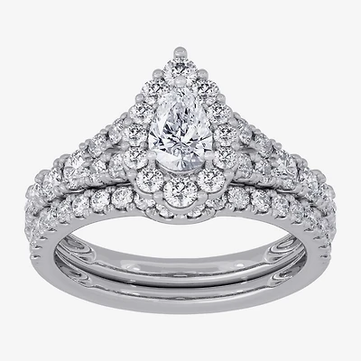 Signature By Modern Bride (H-I / Si1-Si2) Womens /2 CT. T.W. Lab Grown White Diamond 10K Gold Pear Side Stone Halo Bridal Set