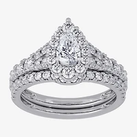 Signature By Modern Bride (H-I / Si1-Si2) Womens /2 CT. T.W. Lab Grown White Diamond 10K Gold Pear Side Stone Halo Bridal Set