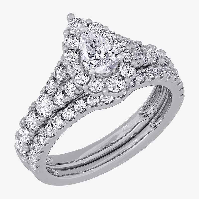 Signature By Modern Bride (H-I / Si1-Si2) Womens /2 CT. T.W. Lab Grown White Diamond 10K Gold Pear Side Stone Halo Bridal Set