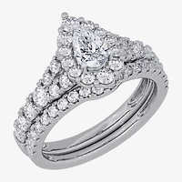 Signature By Modern Bride (H-I / Si1-Si2) Womens /2 CT. T.W. Lab Grown White Diamond 10K Gold Pear Side Stone Halo Bridal Set