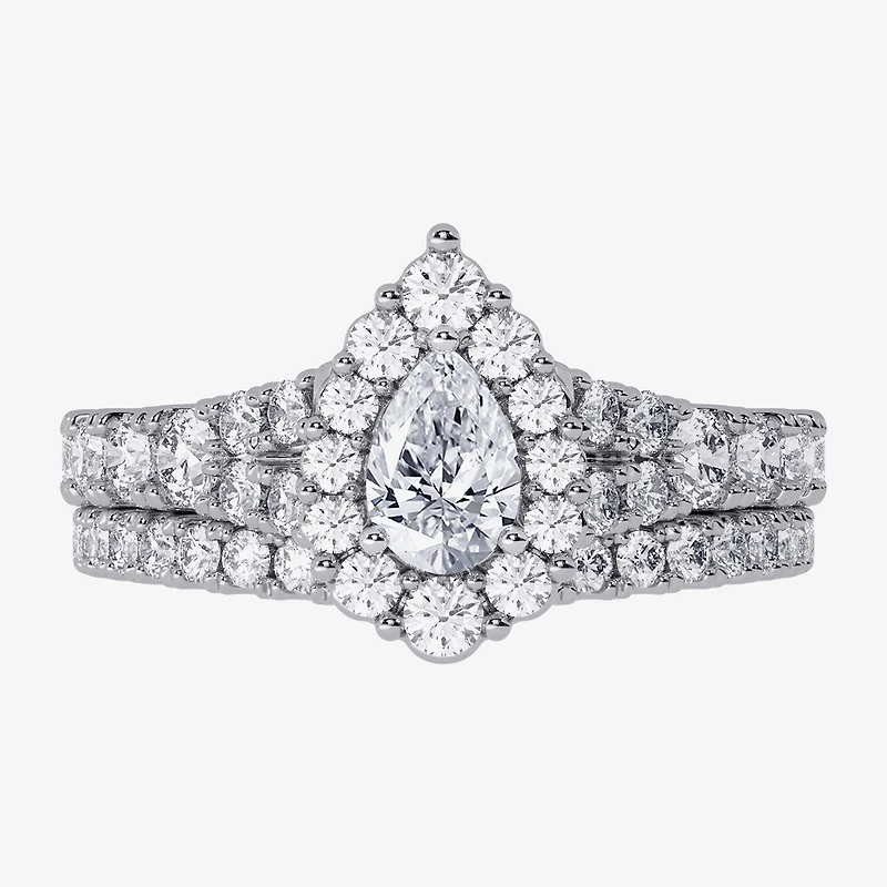 Signature By Modern Bride (H-I / Si1-Si2) Womens /2 CT. T.W. Lab Grown White Diamond 10K Gold Pear Side Stone Halo Bridal Set