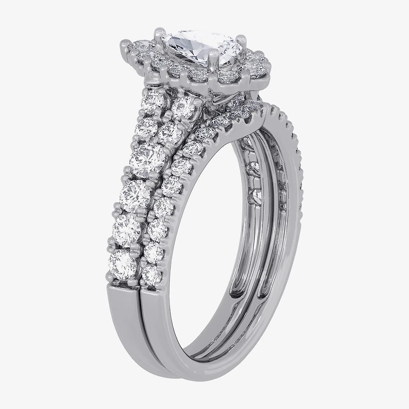Signature By Modern Bride (H-I / Si1-Si2) Womens /2 CT. T.W. Lab Grown White Diamond 10K Gold Pear Side Stone Halo Bridal Set