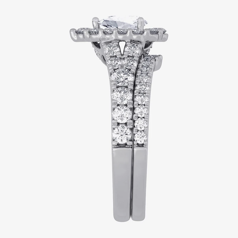 Signature By Modern Bride (H-I / Si1-Si2) Womens /2 CT. T.W. Lab Grown White Diamond 10K Gold Pear Side Stone Halo Bridal Set
