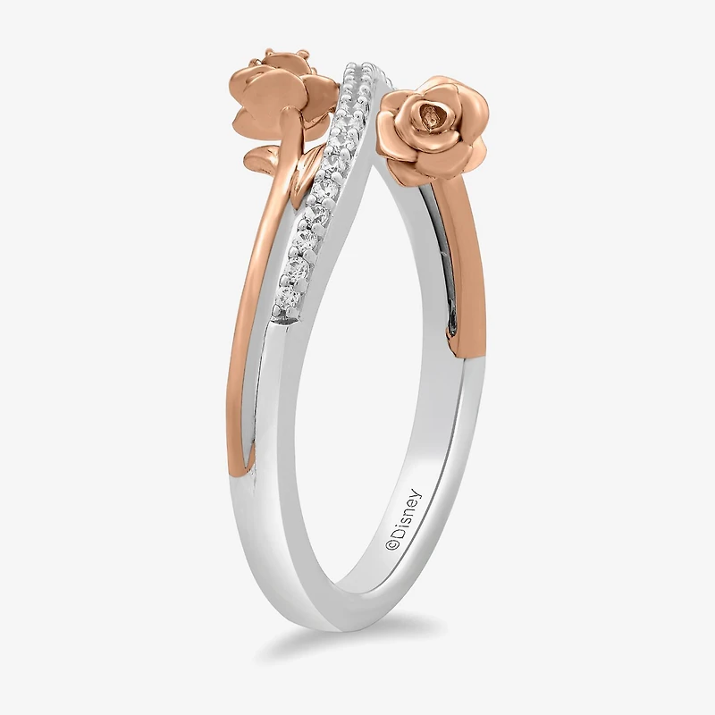 Enchanted Disney Fine Jewelry Womens 1/10 CT. T.W. Natural White Diamond 14K Rose Gold Over Silver Sterling Silver Flower Beauty and the Beast Belle Princess Bypass Cocktail Ring