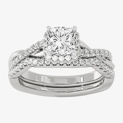 Signature By Modern Bride (H-I / Si1-Si2) Womens 1 1/5 CT. T.W. Lab Grown White Diamond 10K Gold Side Stone Halo Bridal Set
