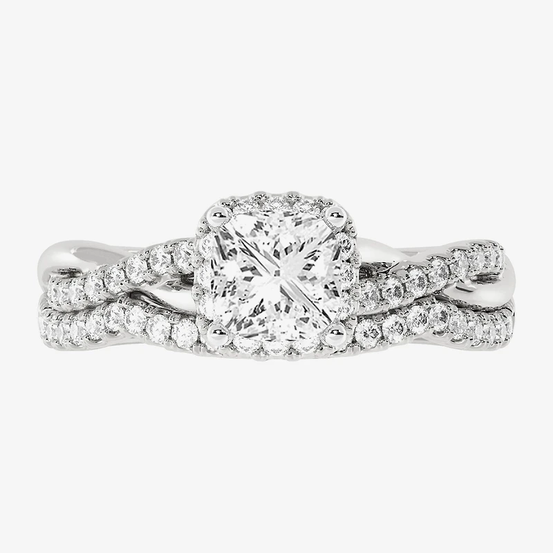 Signature By Modern Bride (H-I / Si1-Si2) Womens 1 1/5 CT. T.W. Lab Grown White Diamond 10K Gold Side Stone Halo Bridal Set