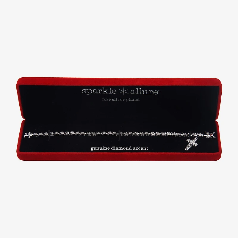 Sparkle Allure Womens Natural White Diamond Accent Pure Silver Over Bronze Cross 7.25 Inch Tennis Bracelet